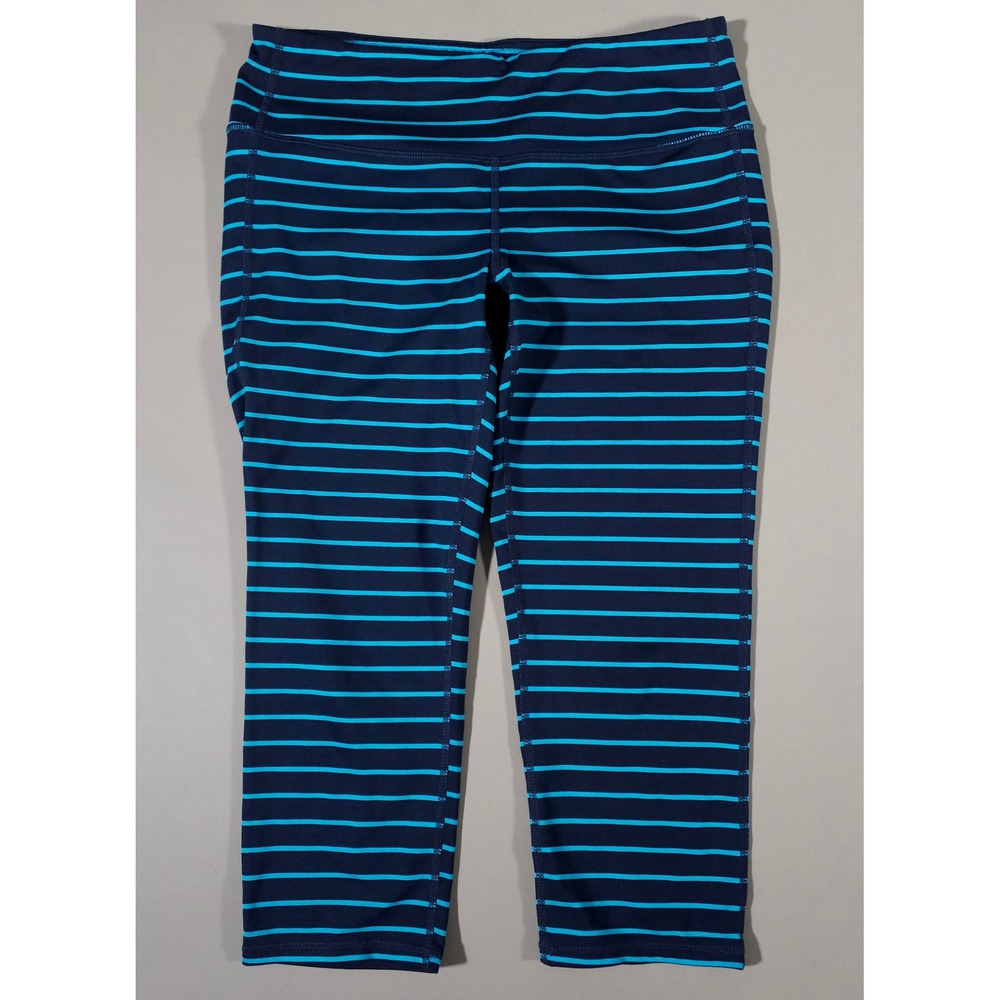 Athleta Cropped Leggings Womens Medium Blue Striped Capri Yoga Pants Activewear